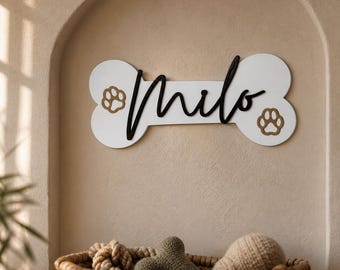 Letrero con forma de hueso de perro con opción de huellas / Placa de pared personalizada para mascotas
