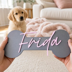 Puede incluir: Un letrero con forma de hueso hecho de un material gris mate que presenta el nombre Frida en letras cursivas de color rosa claro en relieve. El letrero se sostiene horizontalmente, mostrando una superficie lisa y plana con una silueta de hueso clara.