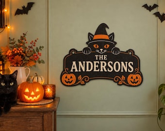 Personalized Black Cat Halloween Door Sign with Family Name
