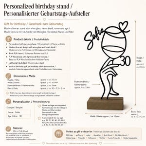 Produktinformation für personalisierten Geburtstags Aufsteller zum 30. Geburtstag mit Maßen und Material