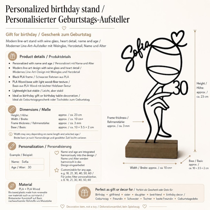 Produktinformation für personalisierten Geburtstags Aufsteller zum 30. Geburtstag mit Maßen und Material