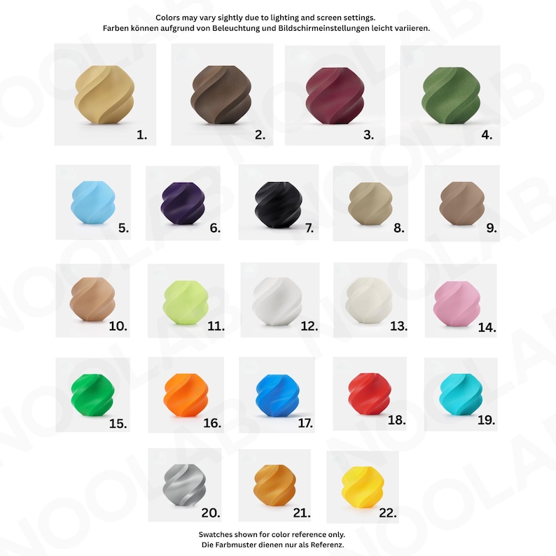 May include: A color chart displays 22 swatches of a spiral-shaped object in various colors, including beige, brown, burgundy, and green. The swatches are numbered and arranged in rows and columns. Text at the top states that colors may vary due to lighting.