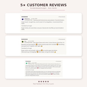 May include: A graphic display titled 5 Star Customer Reviews featuring three individual testimonials from Etsy buyers. Each review includes a five-star rating, the reviewer's name, date, purchased item details, and text in both English and translated languages.
