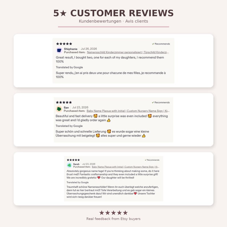 May include: A graphic display titled 5 Star Customer Reviews featuring three individual testimonials from Etsy buyers. Each review includes a five-star rating, the reviewer's name, date, purchased item details, and text in both English and translated languages.