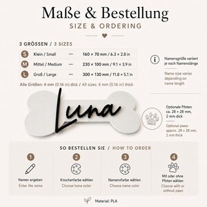Infografik mit Maßen und Bestellhinweisen für ein personalisiertes Hunde Namensschild aus PLA.