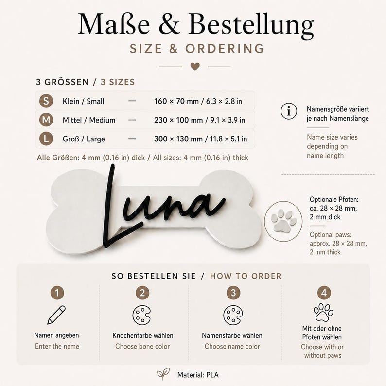 Infografik mit Maßen und Bestellhinweisen für ein personalisiertes Hunde Namensschild aus PLA.