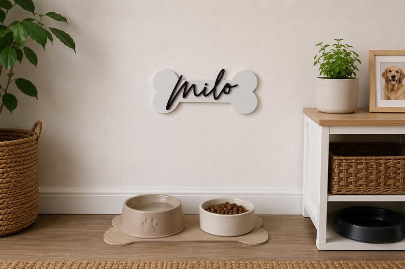 Personalisiertes Hunde-Namensschild Milo in weißer Knochenform mit schwarzem 3D-Schriftzug über einem Hundefutterplatz an der Wand.