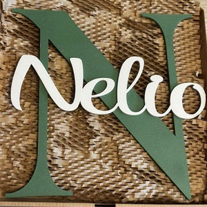 May include: A large, matte sage green wooden letter N with a white script-style wooden cutout of the name Nelio layered on top. The letters feature smooth edges and a flat finish, creating a layered, dimensional appearance for the custom sign.