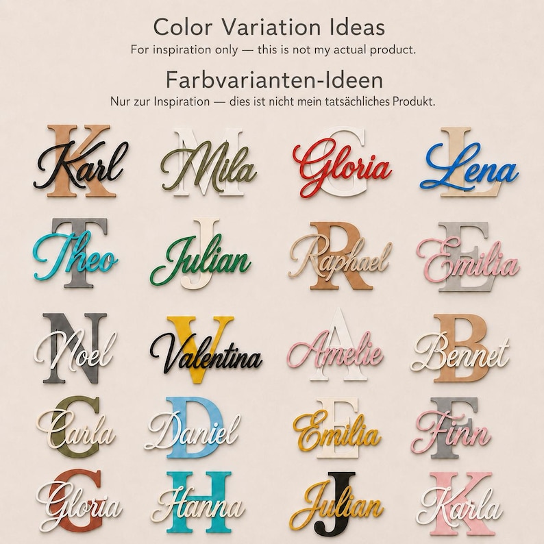 May include: A grid of twenty wooden letters, each featuring a cursive name layered on top. The letters and names appear in various colors including black, white, red, blue, green, yellow, pink, and natural wood tones, with text at the top.