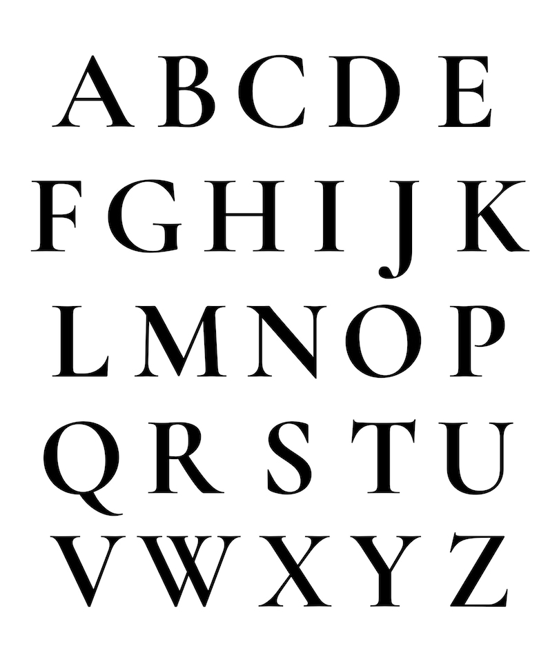 May include: A black and white graphic featuring the complete English alphabet in uppercase letters. The characters are arranged in five rows, starting with A through E, followed by F through K, L through P, Q through U, and ending with V through Z.
