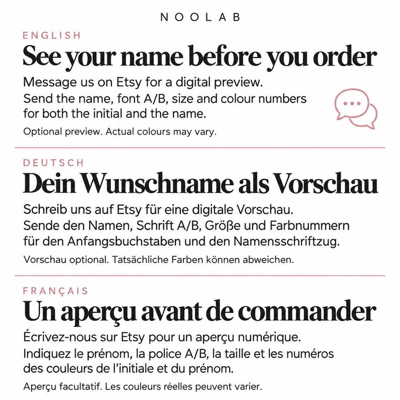 May include: A white informational graphic with black text titled NOOLAB. It provides instructions in English, German, and French on how to request a digital preview for custom name orders, including font, size, and color selection details.