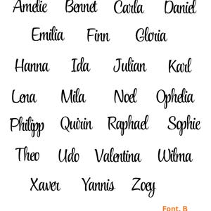 May include: A collection of names written in a black cursive script font on a white background. The names include Amelie, Bennet, Carla, Daniel, Emilia, Finn, Gloria, Hanna, Ida, Julian, Karl, Lena, Mila, Noel, Ophelia, Philipp, Quirin, Raphael, Sophie, Theo, Udo, Valentina, Wilma, Xaver, Yannis, Zoey, and the text Font. B in orange.