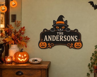 Personalized Black Cat Halloween Sign, Housewarming Gift with Family Name