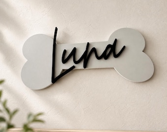 Placa con el nombre del perro / Letrero de pared personalizado para mascotas / Decoración personalizada con nombre en forma de hueso 3D