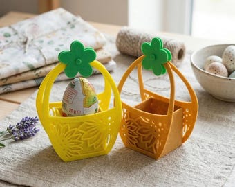 Cestino di Pasqua stampato in 3D, borsa per la caccia alle uova con motivi floreali, decorazione primaverile in PLA ecologico