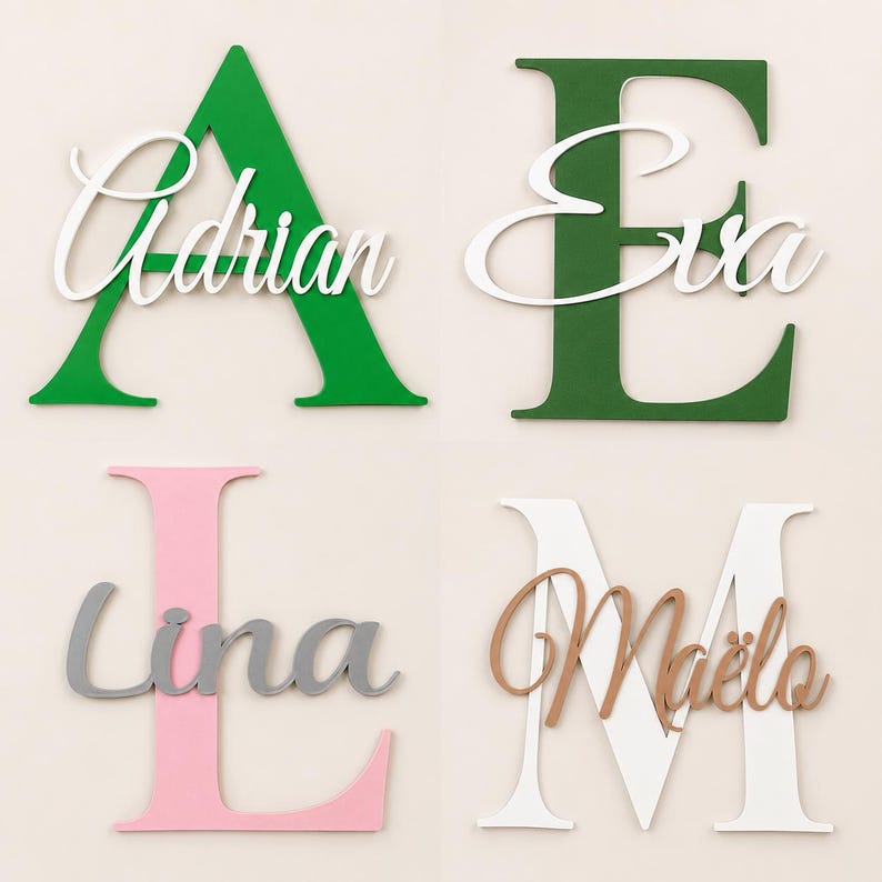 May include: Four large capital letters A, E, L, and M in green, dark green, pink, and white. Each letter features a smaller, cursive-style name layered on top: Adrian in white, Eva in white, Lina in gray, and Ma&euml;lo in a light brown wood tone.