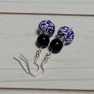 Blue Beaded Dangle Earrings, Blue Dangle Earrings, Blue Drop Earrings, Blue Beaded Clay Earrings, Blue Pattern Earrings, Blue Dangle Earring