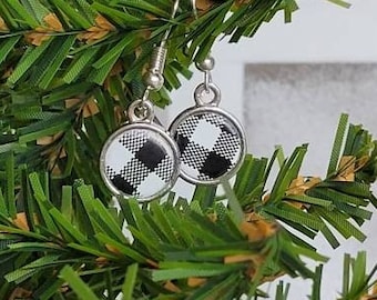 Tiny Black and White Buffalo Plaid Charm Earrings, Buffalo Plaid Christmas Drop Earrings, Check Dangle Earrings, White Buffalo Earrings