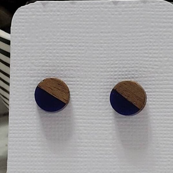 Dark Blue Wood and Resin Studs, Dark Blue Stud Earrings, Resin and Wood Studs, Wood Resin Studs, Geometric Earrings, Wood Earring Studs