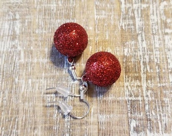 Red Glittery Snowball Christmas Earrings, Red Glitter Ornament Ball Earrings, Christmas Ornament Earrings, Christmas Ball Earrings Red