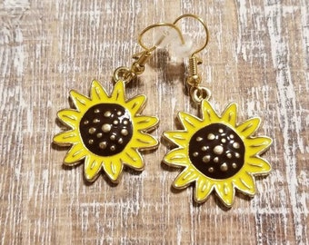 Sunflower Earrings, Sunflower Charm Earrings, Fall Earrings, Autumn Earrings, Sun Flower Earrings