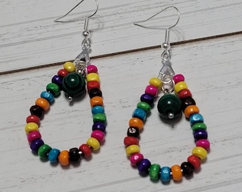 Rainbow Beaded Earrings, Multicolor Beaded Teardrop Earrings, Blue Beaded Dangle Earrings, Seed Beaded Earrings, Beaded Teardrop Earrings