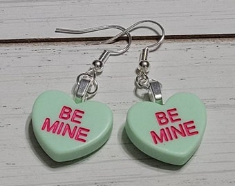 Green Valentines Day Conversation Heart Earrings, Valentine Heart Earrings, Valentines Candy Earrings