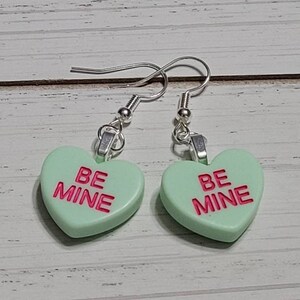 Green Valentines Day Conversation Heart Earrings, Valentine Heart Earrings, Valentines Candy Earrings