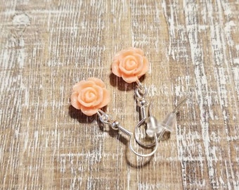 Tiny Coral Pink Rose Flower Earrings