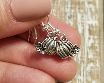 Tiny Pumpkin Dangle Earrings, Silver Pumpkin Earrings, Pumpkin Drop Earrings, Tiny Silver Pumpkin Earrings, Silver Pumpkin Dangle Earrings