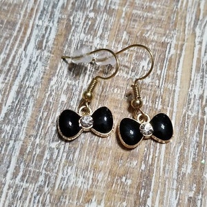 Tiny Black Bow Charm Earrings, Tiny Black Bow Earrings, Black Bow Earrings, Bow Earrings, Small Black Bow Earrings