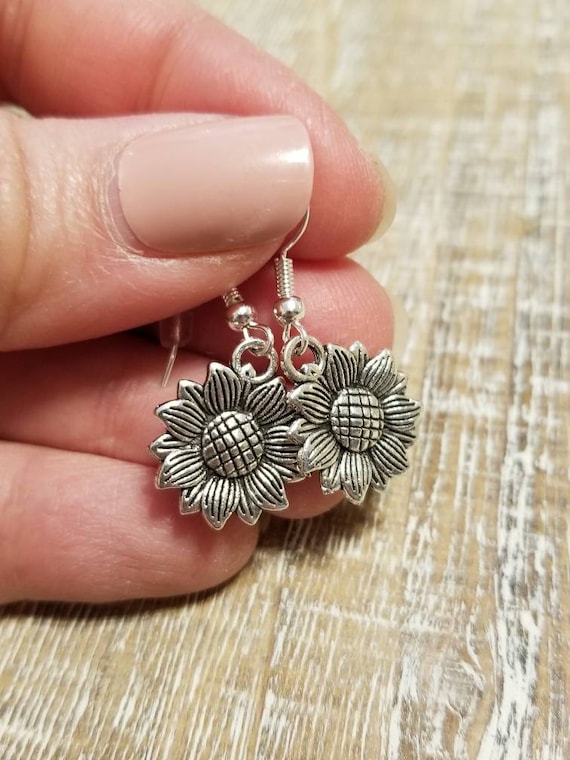 Silver Sunflower Earrings Sunflower Earrings Sun Flower Earrings Etsy