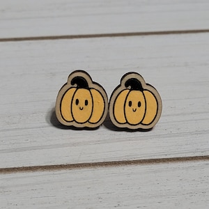 Kawaii Pumpkin Earrings, Pumpkin Stud Earrings, Halloween Earrings, Hand Painted Wood Earrings, Pumpkin Wood Stud Earrings, Pumpkin Studs