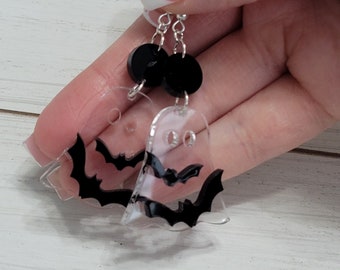 Clear Ghost Earrings, Halloween Ghost Earrings, Ghost Bat Earrings, Halloween Earrings, Ghost Dangle Earrings, Handmade Ghosts with Bats
