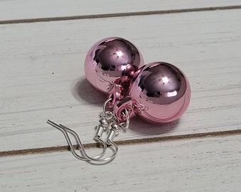 Light Pink Christmas Ornament Ball Earrings, Pink Ornament Earrings, Metallic Pink Ornament Earrings, Pink Ornament Earrings Christmas