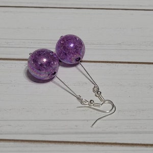 Long Purple Ball Earrings, Purple Drop Earrings, Purple Dangle Earrings, Purple Crackle Earrings, Ball Drop Earrings, Drop Ball Earrings
