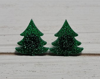 Large Christmas Tree Stud Earrings, Christmas Tree Studs, Christmas Tree Stud Earrings, Green Glitter Christmas Tree Earrings, Gifts for Her