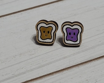 Kawaii PBJ Earrings, Peanut Butter and Jelly Stud Earrings, Peanut Butter and Jelly Earrings, Hand Painted Wood Stud Earrings, Food Earrings