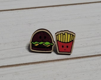 Kawaii Perfect Pair Earrings, Burger and Fries Stud Earrings, Burger and Fries Earrings, Hand Painted Wood Stud Earrings, Food Earrings