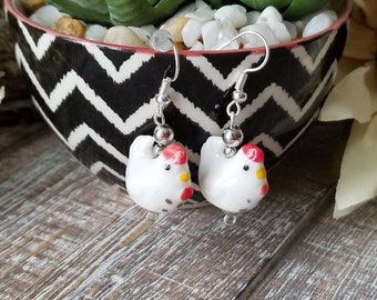 Chicken Dangle Earrings, White Chicken Earrings, Chicken Earrings, Chicken Farmer Earrings