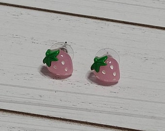 Pink Strawberry Stud Earrings, Strawberry Post Earrings, Strawberry Earrings, Fruit Stud Earrings, Strawberry Studs, 12mm Studs