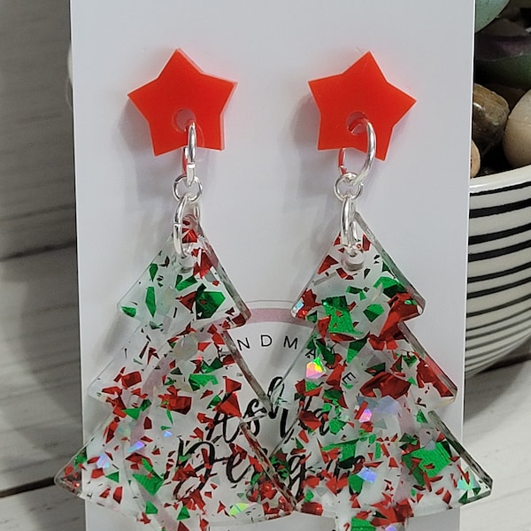 Chunky Glitter Christmas Tree Earrings, Red Green and Gold Christmas Tree Earrings, Christmas Tree Studs, Christmas Tree Confetti Earrings