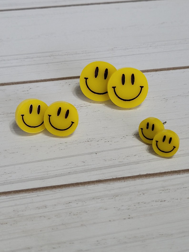 Large Smiley Face Studs, Happy Face Emoji Earrings, Smiley Face Earrings, Smiley Studs, 90s Earrings, Yellow Smiley Face Earrings 1 Pair image 2