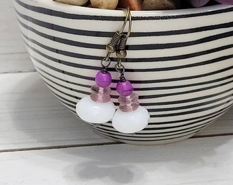 Small White and Purple Antiqued Bronze Earrings, Purple and White Beaded Dangle Earrings, Handmade Beaded Earrings, Dainty Drop Earrings