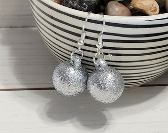 Silver Glittery Snowball Christmas Earrings, Silver Ornament Earrings, Silver Christmas Ornament Earrings, Silver Ball Christmas Earrings