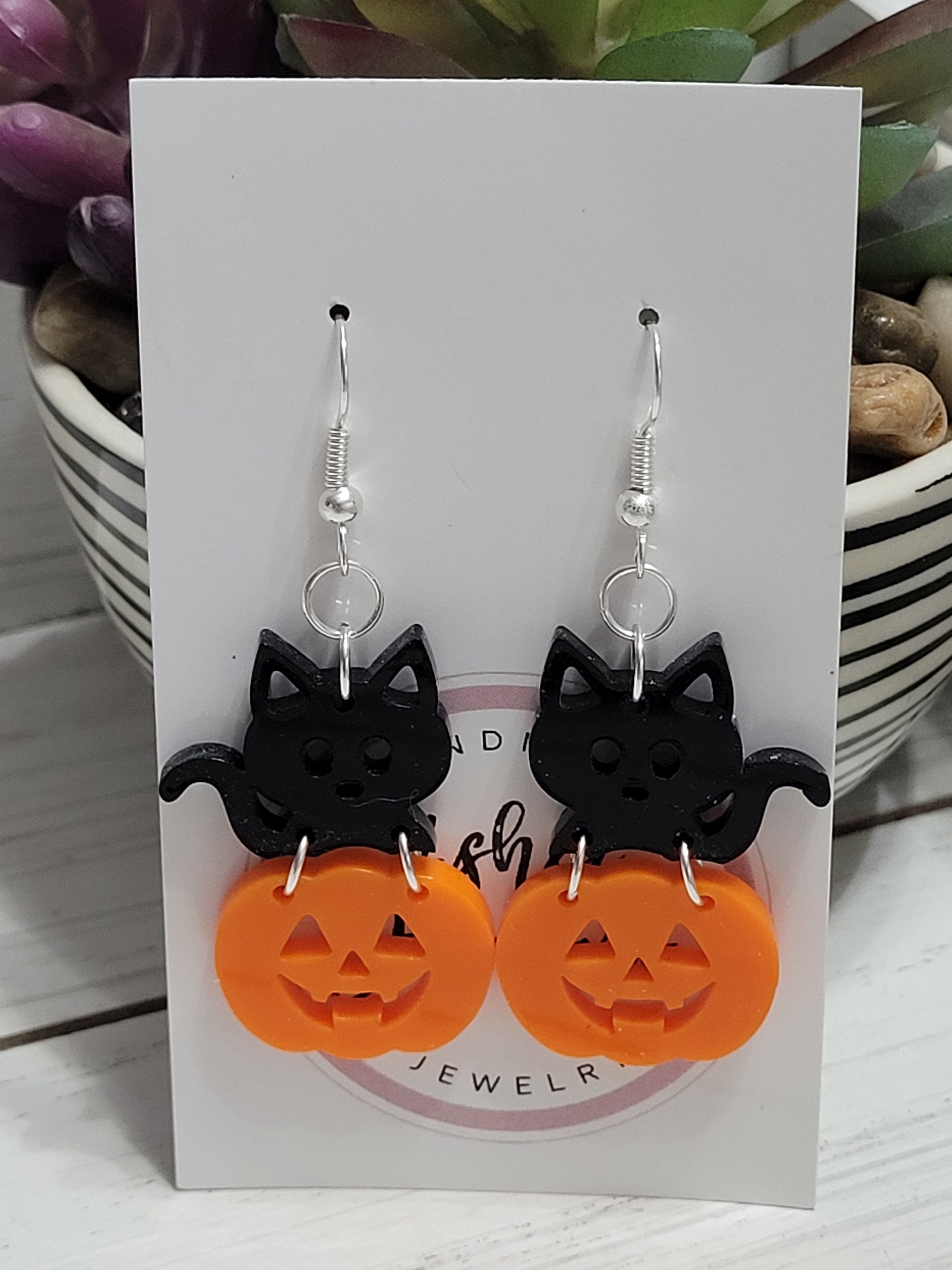 Halloween Black Cat & Pumpkin Earrings - Hypoallergenic Dangle Earrings For Women & Girls - View #4