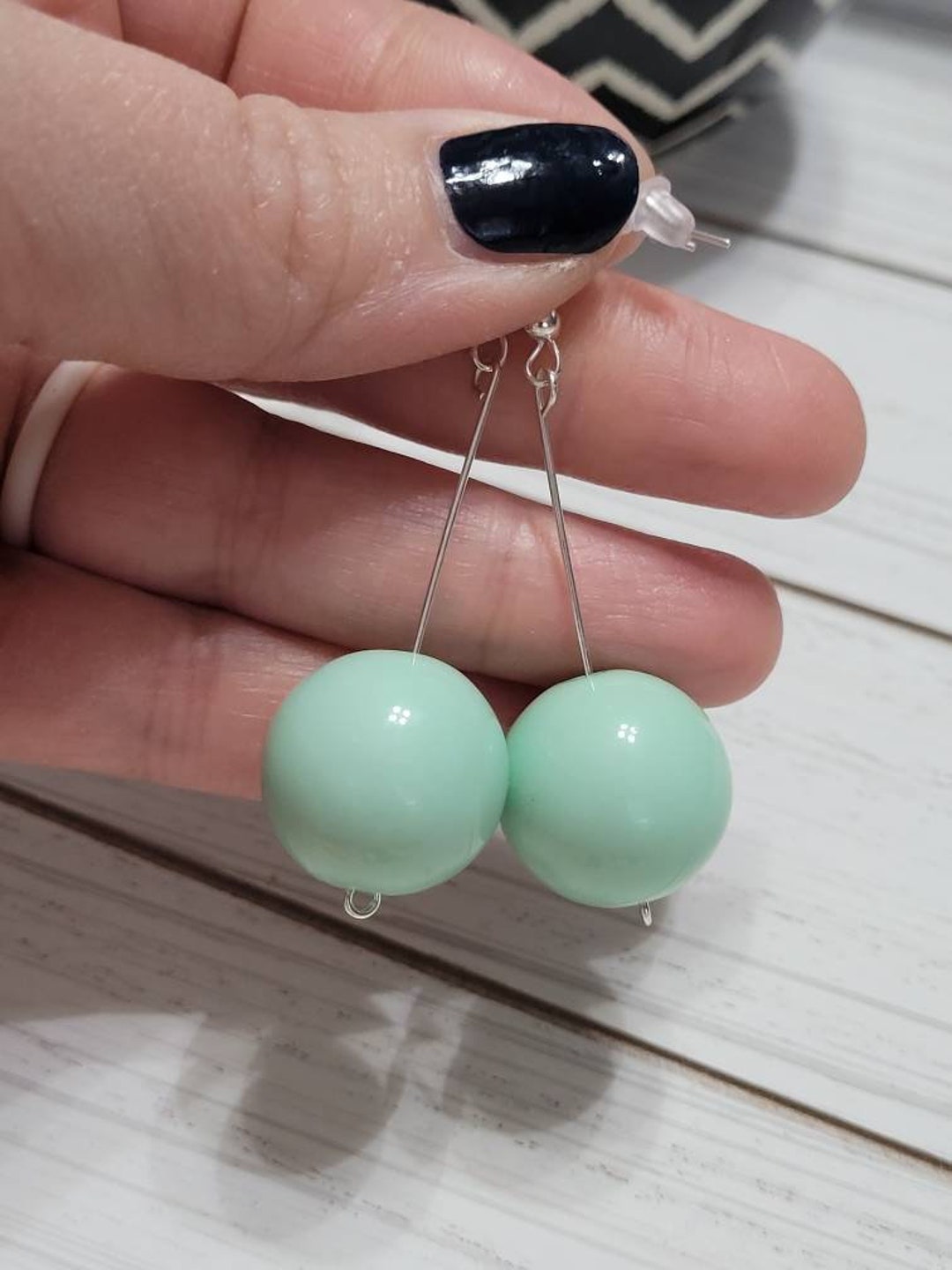 Long Green Drop Ball Earrings, Statement Earrings, Hanging Ball