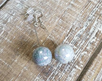 Long Blue Crackle Drop Ball Earrings, Statement Earrings, Hanging Ball Earrings, Blue Crackled Earrings