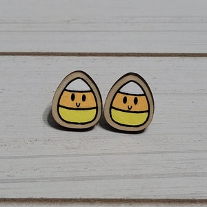 Kawaii Candy Corn Earrings, Candy Corn Stud Earrings, Halloween Earrings, Hand Painted Wood Earrings, Candy Corn Wood Stud Earrings