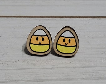 Kawaii Candy Corn Earrings, Candy Corn Stud Earrings, Halloween Earrings, Hand Painted Wood Earrings, Candy Corn Wood Stud Earrings